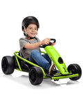 Child driving a green 24V Electric Go Kart For Kids With Dual 300W Motors, 9Ah Battery, 8.1 MPH Speed, Full Metal Frame, nylon wheels.
