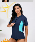 Women's Half Zip Rash Guard Top With Built In Bra For Support And Convenience Side Pockets For Small Essentials Quick Dry Moisture Wicking Fabric UPF50 Plus Sun Protection Navy Light Blue Color Size M All Day Comfort, front view