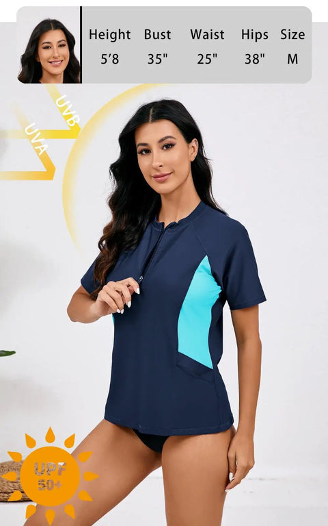 Women's Half Zip Rash Guard Top With Built In Bra For Support And Convenience Side Pockets For Small Essentials Quick Dry Moisture Wicking Fabric UPF50 Plus Sun Protection Navy Light Blue Color Size M All Day Comfort, front view