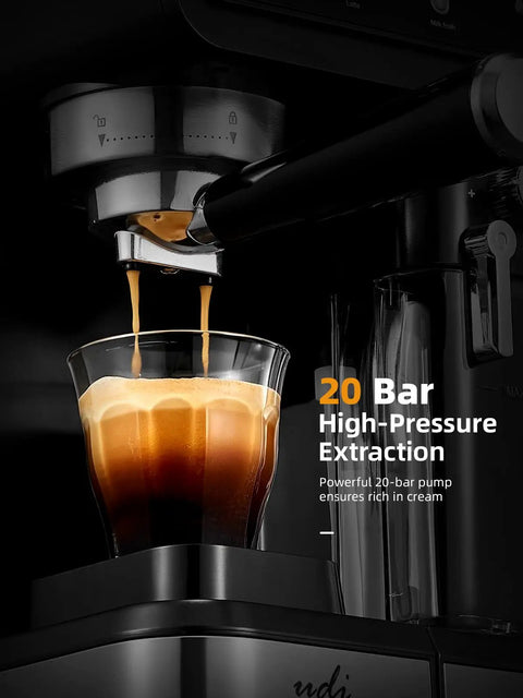 Big Time 20 Bar Espresso Machine And 9 In 1 Coffee Maker With Glowing LED Panel demonstrating 20-bar high-pressure extraction.