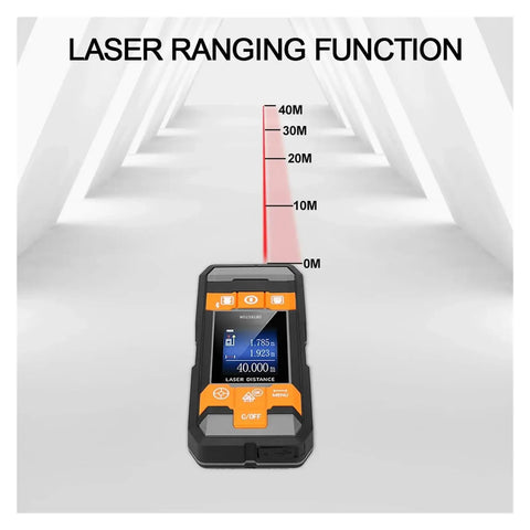 Ace Multifunction Stud Finder And Wall Scanner With Integrated Laser Rangefinder showing laser distance function with measurements.
