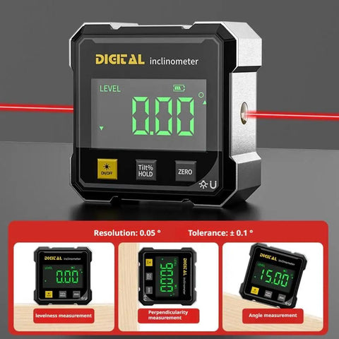 Digital Angle Finder With Laser And Four Side Magnetic Gauge For Woodworking, Cube Inclinometer, Table Saw Protractor, Precise Measuring Tool With LED Display For Quick Absolute And Relative Angles, Level Box For Hanging, black