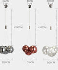 Three Lit Modern LED Glass Ball Pendant Light Fixture, 3 Light Cluster, Chrome Finish, shown in silver, copper, and clear variations.