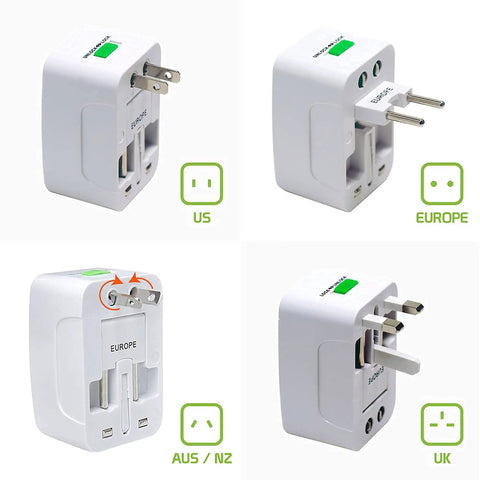 Worldwide Universal Travel Power Adapter For 150 Countries With US UK EU AU CN NZ Outlets One Piece Travel Adapter Durable Safe Certified All In One Charger For Laptops Phones And More Compact Travel Essential white adapter with US, Europe, AUS/NZ and UK plugs