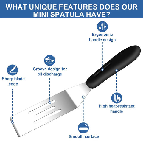 Front view of stainless steel slotted spatula with a black ergonomic handle for kitchen use.