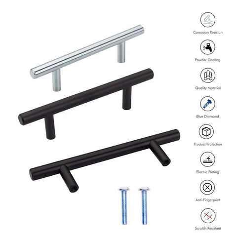 Sleek Matte Black Cabinet Handles And Drawer Pulls In A Nifty Ten Pack, featuring matte black and chrome options with mounting screws.