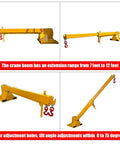 Boss Grade 3 Ton Forklift Jib Boom Crane Adapter With Smooth Zero To Seventy Five Degree Tilt And Extending Seven To Twelve Foot Telescopic Stick.