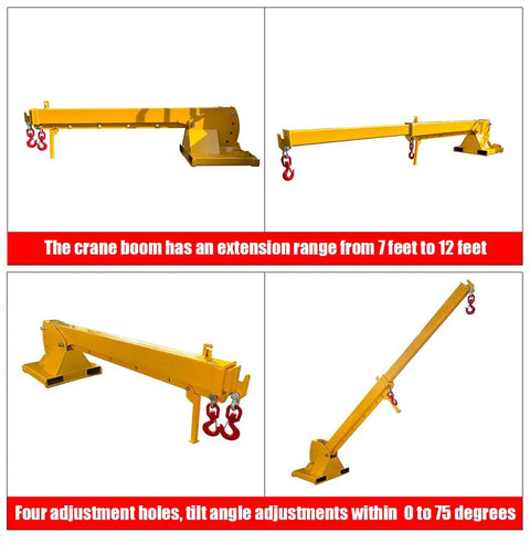 Boss Grade 3 Ton Forklift Jib Boom Crane Adapter With Smooth Zero To Seventy Five Degree Tilt And Extending Seven To Twelve Foot Telescopic Stick.