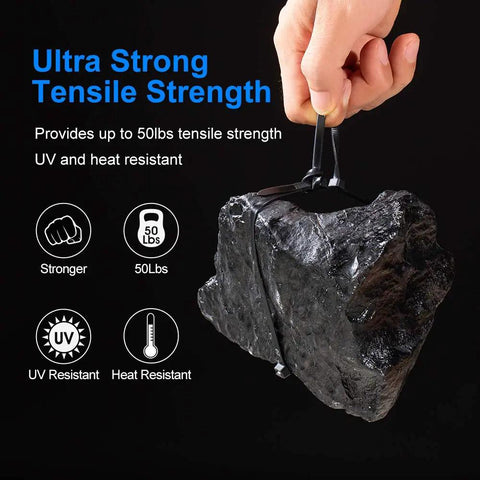 Hand holding rock with 8 Inch Black Zip Ties Heavy Duty 50 Pound Tensile Strength 100 Pack Industrial Grade Cable Ties UV Resistant Nylon 66
