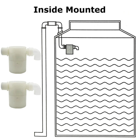 Diagram showing Two Pack Three Quarter Inch Side Inlet Float Valve For Water Tanks, no fuss easy install, automatic refill stop.