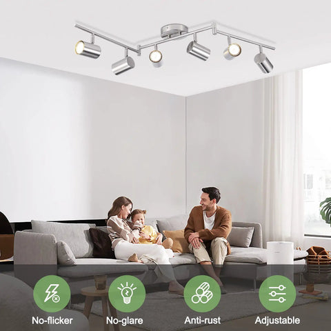 Living room with Dope 6 Light Brushed Nickel Ceiling Track Lighting Fixture Kit showcasing adjustable lighting on ceiling.