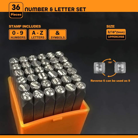 OWDEN 36-piece steel stamp set: 3/16 in (5 mm) uppercase numbers, letters and symbols, stored in orange case.