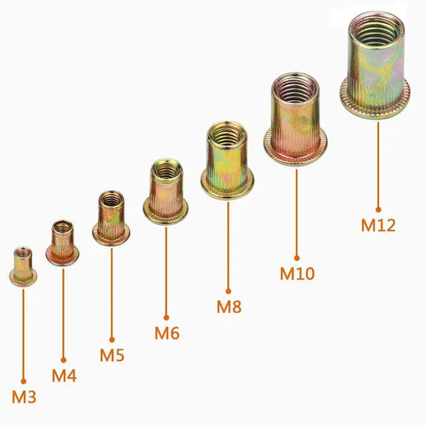 Beefy 175 Piece Rivet Nut Kit Set With Metric M3 To M12 Sizes In Carbon Steel Zinc Plated Flat Head And Knurled Body For Rust Resistant Heavy Duty Use On Sheet Metal Steel Aluminum Plastic LOKMAN
