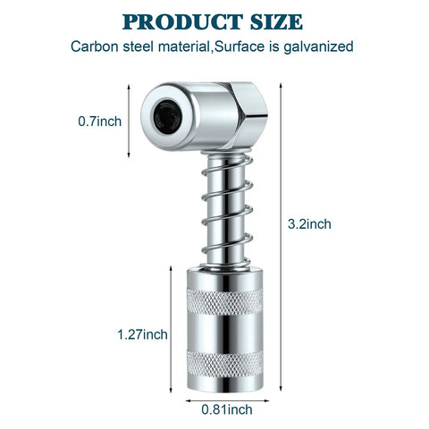 90 Degree Grease Coupler And Gun Adapter Two Pack With 3 Jaw Swivel Right Fittings For No Spill Greasing Quick Lock And Release Grease Gun Tips For Farm Auto Truck And Industrial Use, showing size and carbon steel material