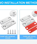 Four Pack Ultra Thin Magnetic Door Catch Set With 3.7mm Stainless Steel Magnets Delivers 15Lb Hold For Kitchen Cabinet Closet Drawer Wardrobe Adhesive Latch No Drill Easy Install with installation methods shown for screws and adhesive.
