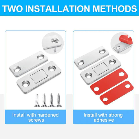 Four Pack Ultra Thin Magnetic Door Catch Set With 3.7mm Stainless Steel Magnets Delivers 15Lb Hold For Kitchen Cabinet Closet Drawer Wardrobe Adhesive Latch No Drill Easy Install with installation methods shown for screws and adhesive.