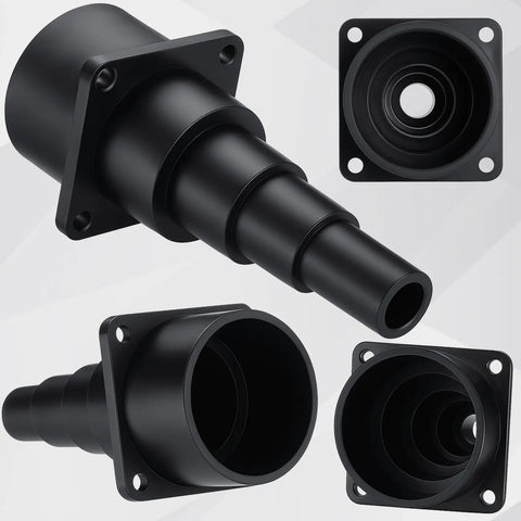 Four Pack Vacuum Hose Adapters Set For Universal Tool Attachments And Dust Collection, black stepped adapters in various views.