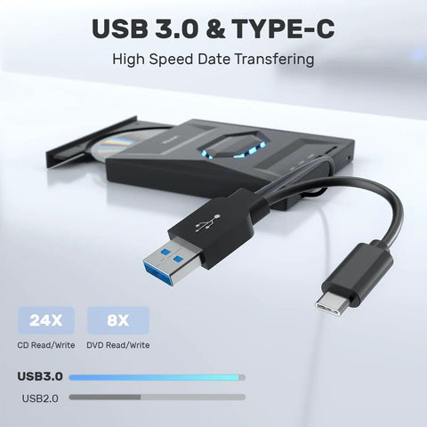 5 In 1 External Optical Drive With USB 3.0 And Type C Hub Portable CD DVD Burner And Disc Player Reads CDs And DVDs Includes USB A And USB C 2.0 Ports SD Card Slot Compatible With External Hard Drives Mice And Keyboards, black USB 3.0 and Type-C cable