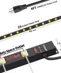 10 Outlet Long Power Strip With Wide Spaced Outlets, Built Tough Metal Power Bar For Workbench, Garage And Shop Use, 4Ft Cord, Black