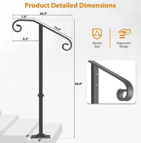 Dimensions of Sturdy Outdoor Stair Rail Handrail, 38.8 Inch High, Single Post Mount for 1-2 Steps, Wrought Iron, Gray