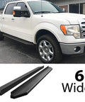 6 Inch Flat Style Black Running Boards For Ford F150 2009 To 2014 SuperCrew Cab shown with steps and truck.
