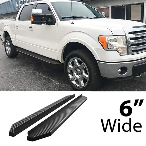 6 Inch Flat Style Black Running Boards For Ford F150 2009 To 2014 SuperCrew Cab shown with steps and truck.