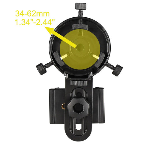 Front view of Phone Mount Adapter For Spotting Scopes And Binoculars showing 34-62mm quick align feature for iPhone 6 Plus and Android phones