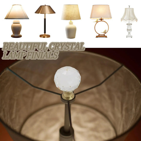 Sleek Clear Crystal Lamp Finials Two Pack With Polished Gold Screw Bases Solid Pick For Floor And Table Lamps To Quick Boost Your Home Decor Game Today, showcasing crystal finial on lamp.
