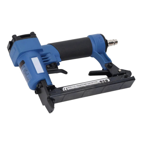 Heavy Hitter Pneumatic Brad Nailer Rock Solid Aluminum Frame Jam Free 22 Gauge Air Nail Gun With Grippy Rubber Handle side view with blue body.