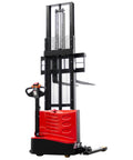 Heavy Duty Electric Pallet Stacker With 2640 Lbs Load Capacity And Adjustable Forks, showcasing a red and black build, 118 inches lift.