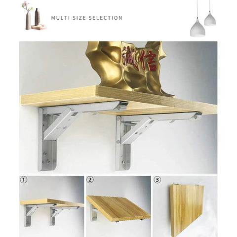 Heavy Duty Folding Triangle Wall Brackets For Custom Corner Shelves, Built Like A Tank Stainless Steel Corner Supports on wooden shelf.