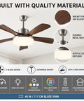 MADISH Modern Walnut 46 Inch Ceiling Fan with Lights and Remote featuring walnut-finish ABS blades and acrylic LED diffuser.