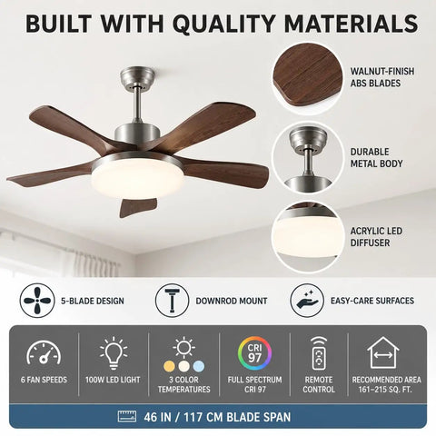 MADISH Modern Walnut 46 Inch Ceiling Fan with Lights and Remote featuring walnut-finish ABS blades and acrylic LED diffuser.