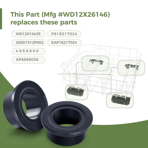 2 Pack Dishwasher Lower Rack Wheel Replacement WD12X26146 with wheel detail and dishrack diagram on green background