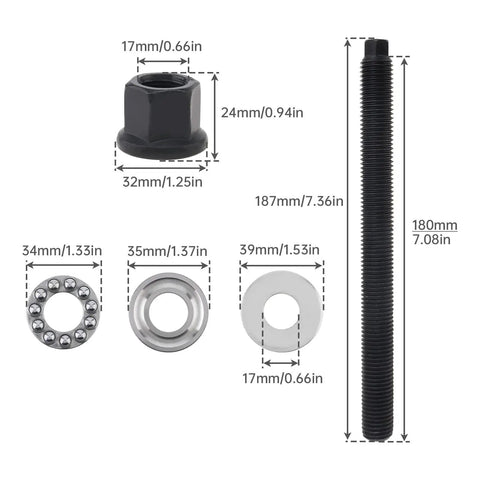 Components of 551141 Alloy Steel Harmonic Balancer Installer Tool For GM LS LT Engines 1997 To 2023 with measurements.
