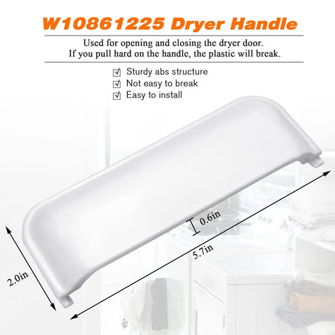 Image showing dimensions of Beefy Unbreakable Dryer Door Handle Replacement, ABS material, fits W10861225, for Whirlpool Kenmore dryers.
