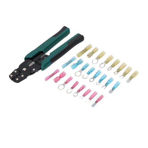 Self Adjusting Ratchet Ferrule Crimping Tool Kit For AWG 22 Through 10 Wire Includes 200 Insulated Heat Shrink Butt Connectors