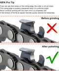 Close-up view: Chainsaw sharpening kit with round files; metal chain links shown, before grinding and after polishing panels.