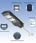 Diagram of 200W Solar Street Light No Electric Bill With 6000 Lumens 96 LEDs IP65 Outdoor Commercial Parking Lot Light Remote Control And Motion Sensor For Yard Basketball Court Durable detailing components like LED chips, solar panel, and sensor.
