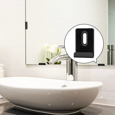 6 Piece Heavy Duty Metal Mirror Clips Set For Wall Mounting Powder Coated Rust Resistant J Brackets in bathroom setting with mirror.