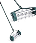 17 Inch Heavy Duty Rolling Lawn Aerator with sharp spikes and anti slip handle, metal and plastic materials for yard care.