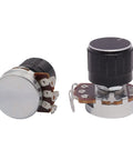 Close-up of Three Pack Wh138 100 Ohm Potentiometer Kit with rotary linear potentiometers and black aluminum alloy knobs.