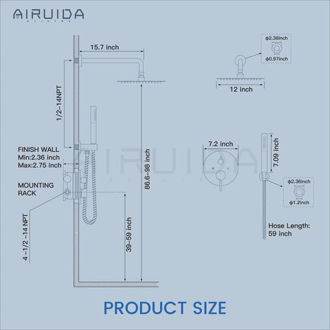 Diagram of High Pressure 12 Inch Rainfall Shower Head Set With Boss-Grade Brass Rough-In Valve dimensions and installation.
