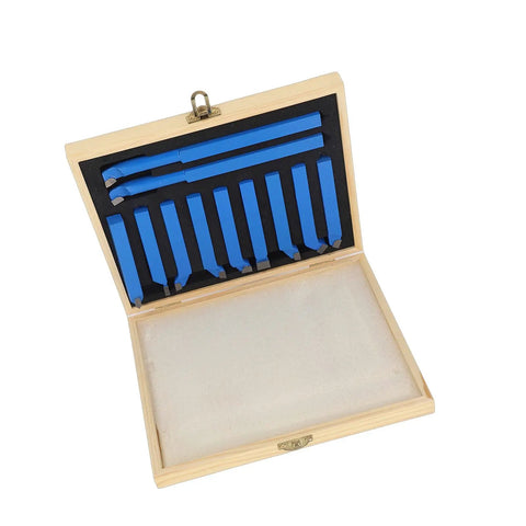 Rock Solid 11 Piece Lathe Tool Set With Carbide Tips For High Performance Machining shown in wooden box with blue tools.