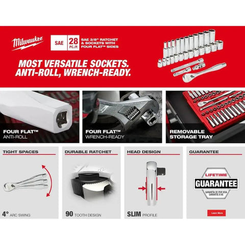Image showcasing features of the 3 Eighth Inch Drive SAE Ratchet And Socket Tool Set With Packout Case 28 Piece 90 Tooth Ratchet 4 Degree Swing For Tight Spaces Slim Profile Head Wrench Ready Four Flat Sides Removable Inner Tray For Easy Organization.