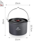 Ultralight Aluminum Hanging Camping Pot With Lid, 4.2 Quart Cookware For 4 To 6 People, dimensions shown, portable design