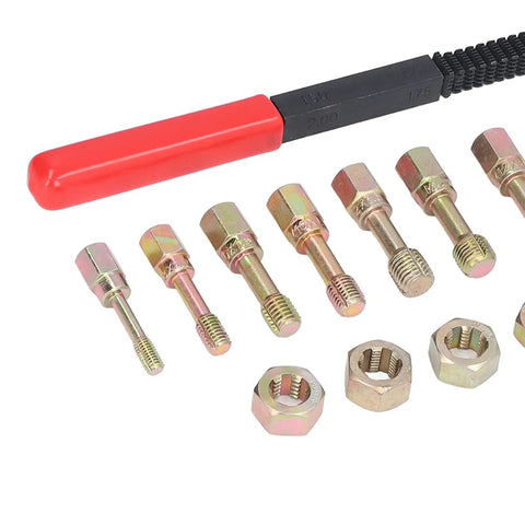 Ultimate 15-Piece Metric Thread Repair Kit With 7 Taps, 7 Dies And File For Fixing Stripped Nuts Bolts Screws Using Carbon Steel Hex Design Tools For Auto Or General Garage Work Right Now. assorted metric thread repair taps and dies with file, M6-M12