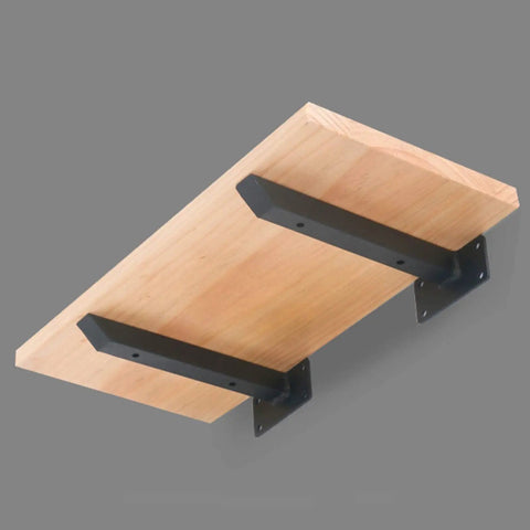 Rock Solid Wall Mounted Shelf Brackets Pack Of Two Heavy Duty Metal Supports Black Steel Finish 12 Inch Arms displaying shelf with brackets.