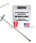 Oven Temperature Sensor Replacement For W10833885 And W10586204 With OEM Grade Fit Precise Temperature Control Plug And Play Ready 12 Month Warranty And USA Support shown with packaging, featuring silver sensor and connector.