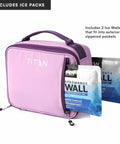 Keep Your Grub Fridge Cold All Day With This Straight Up Sweet Soft Sided Lunch Bag Featuring Double Ice Packs For Office Grind School Runs And Weekend Adventures In Smooth Lavender, showing purple lunch bag with ice packs.